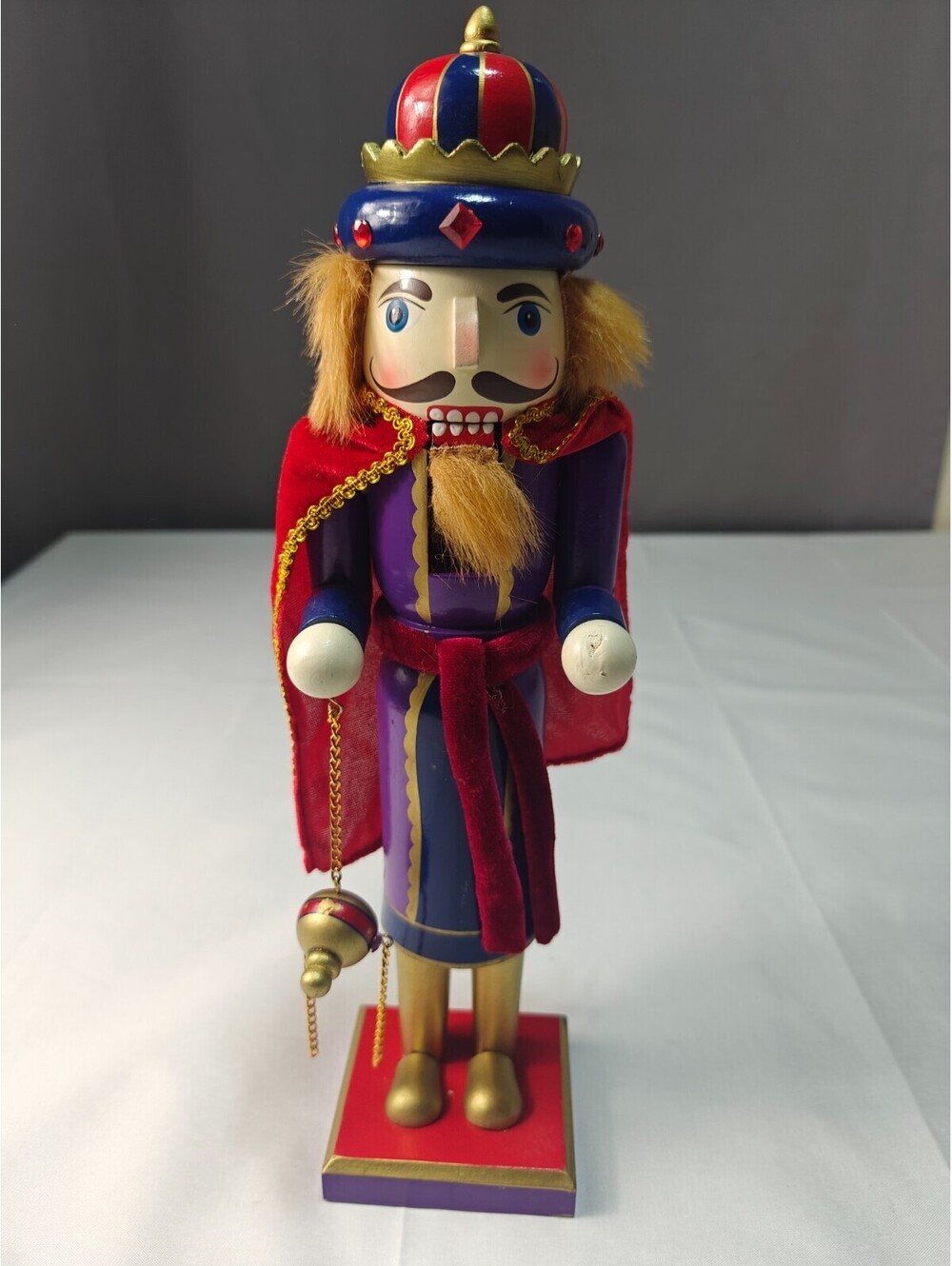 Wooden King Nutcracker Purple Red Cape Jeweled Crown Christmas Decor